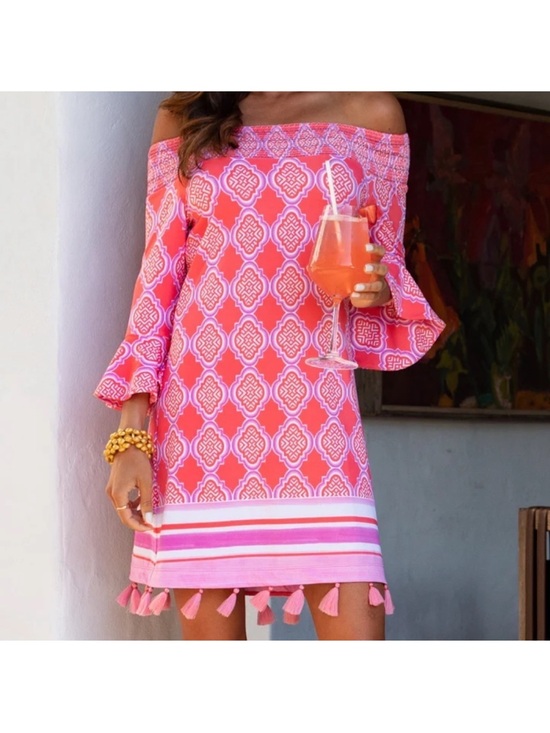 Cabana Life Dresses & Skirts - NWT Cabana Life Coral Geo Coverluxe Smocked Off-the-Shoulder Tassel Dress Small